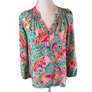 Lilly Pulitzer Elsa Blouse 100% Silk Flamingo Print “Peel and Eat” - Size XS